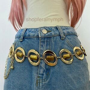 Gold Y2K Retro Boho Chunky Brown Stone Chain Belt, Fits 17-45 Inches, X7GA1532